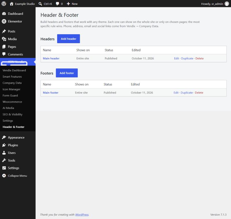 Header & Footer list