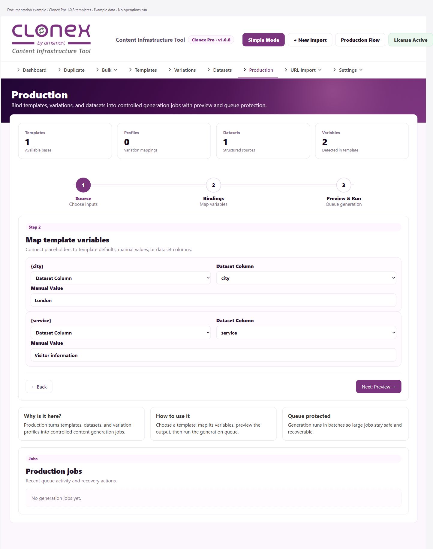 Production — mapping placeholders to dataset columns