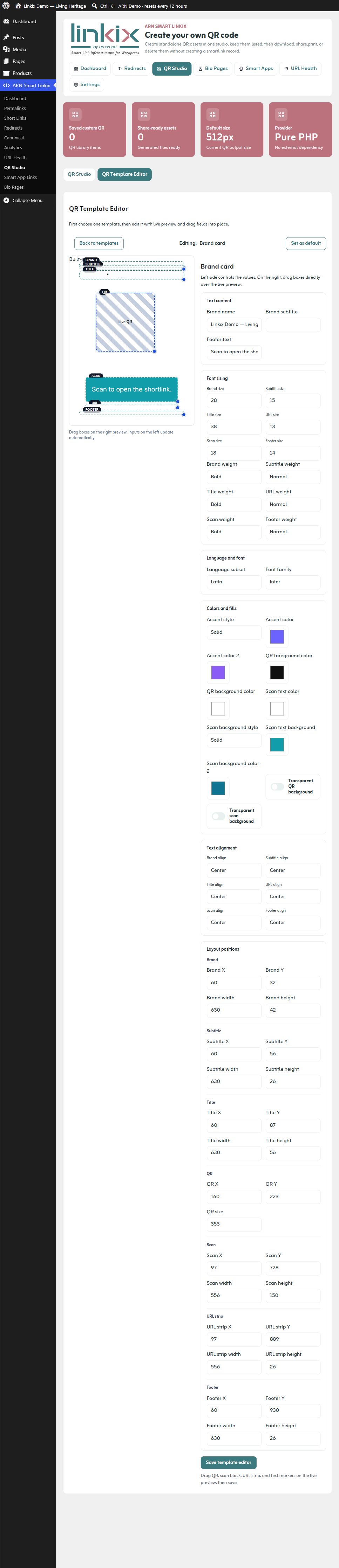 QR Template Editor — design controls and live preview