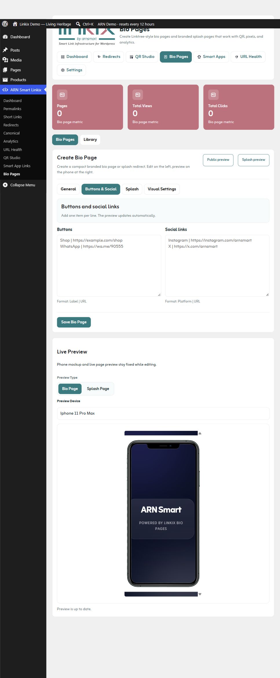 Bio Pages — Buttons & Social