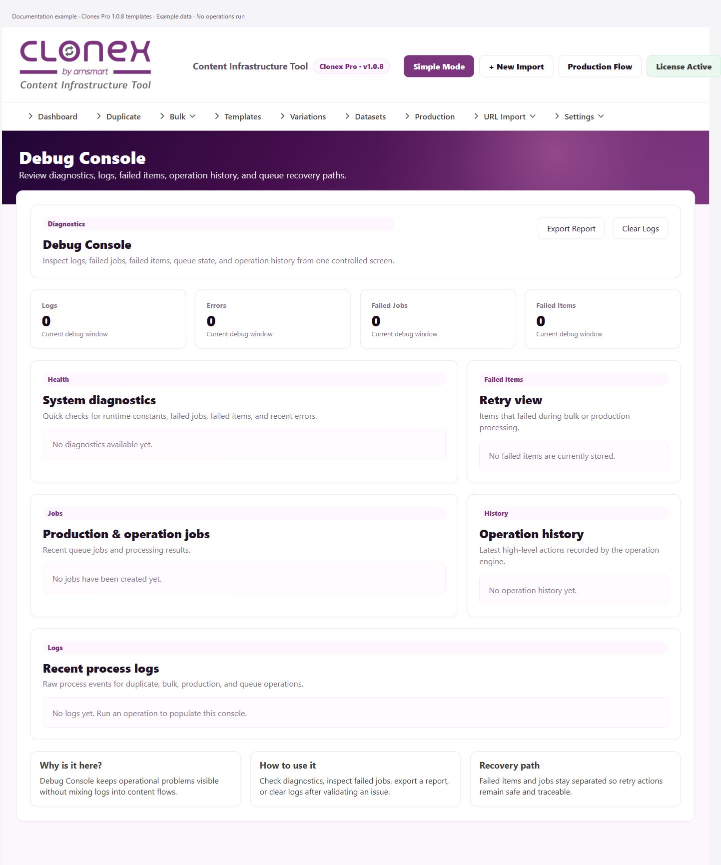 Debug Console — diagnostics, failed items, jobs, and logs