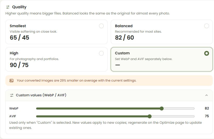 Quality presets and Custom values