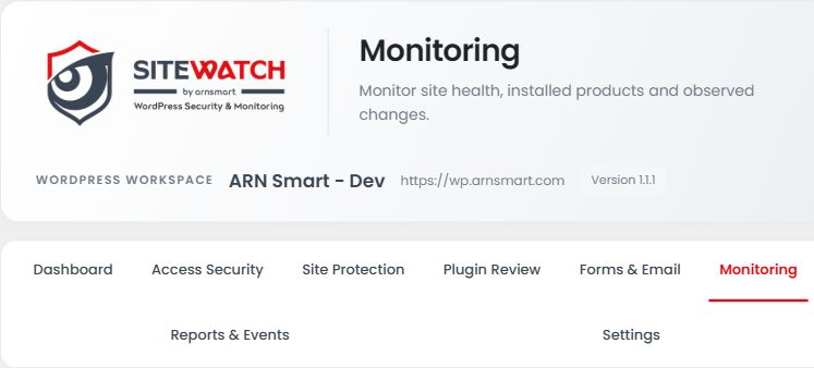 SiteWatch 1.1.1 workspace navigation