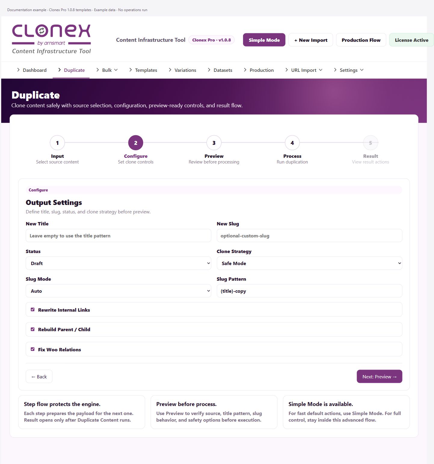 Duplicate — title, slug, status, and relationship settings