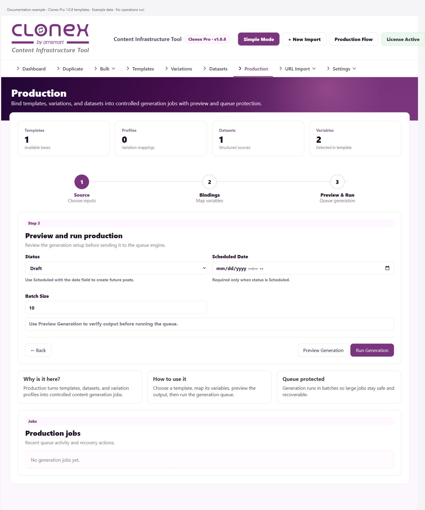 Production — status, batch size, and preview controls