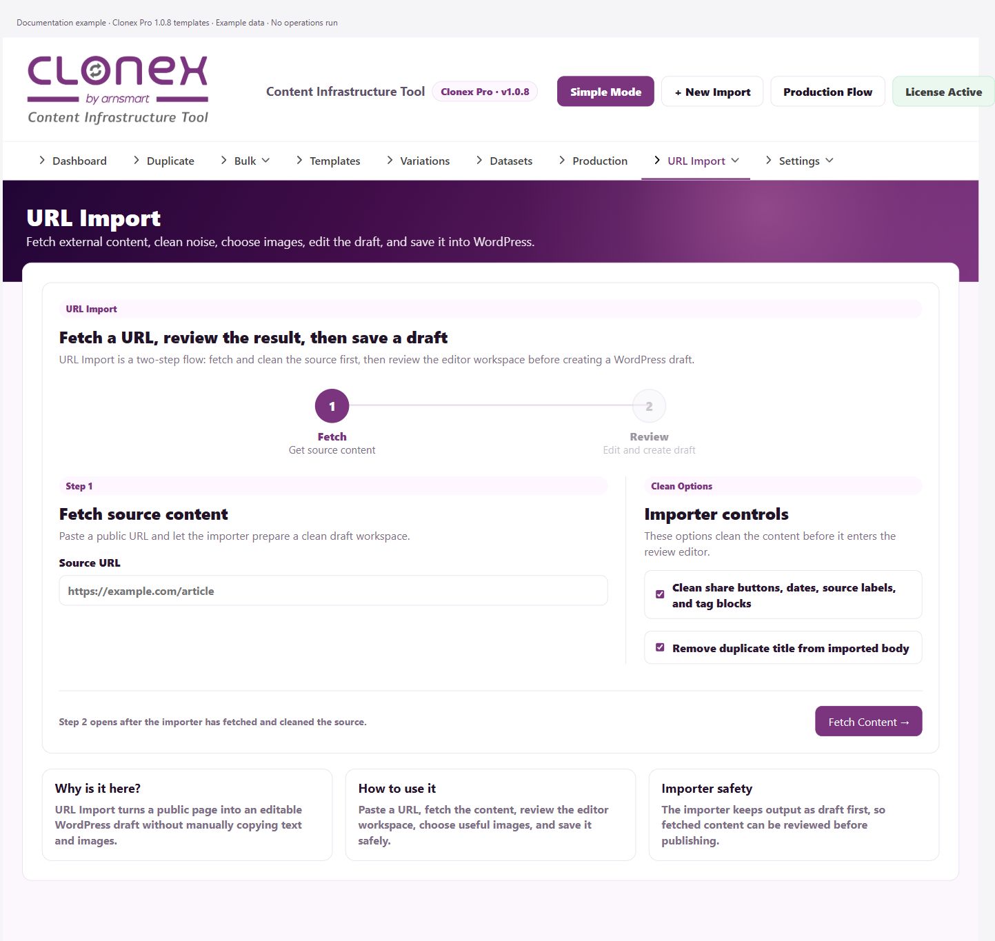 URL Import — source URL and cleanup controls